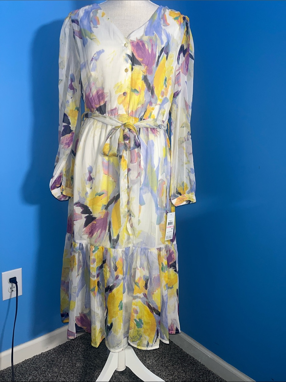 DKNY Floral Long Sleeve Midi Dress, Size 10